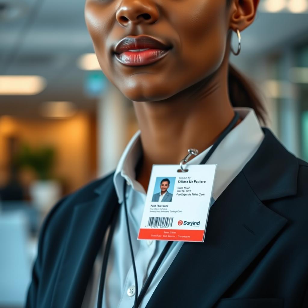 A close-up portrait of a person wearing a professional outfit, prominently displaying an ID card hanging from a lanyard around their neck