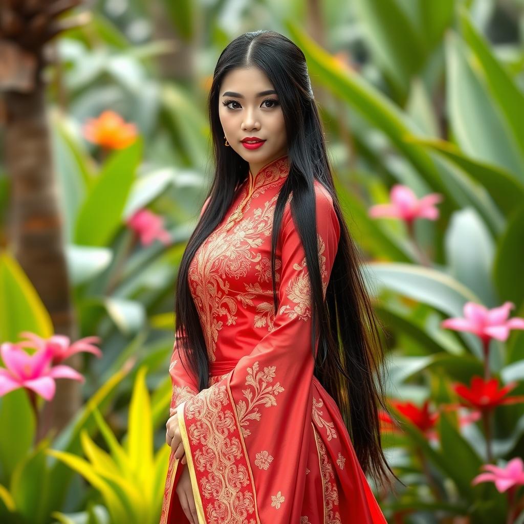 A young woman with long black hair wearing a traditional Thai lakorn costume, beautifully adorned with intricate golden patterns and delicate embroidery