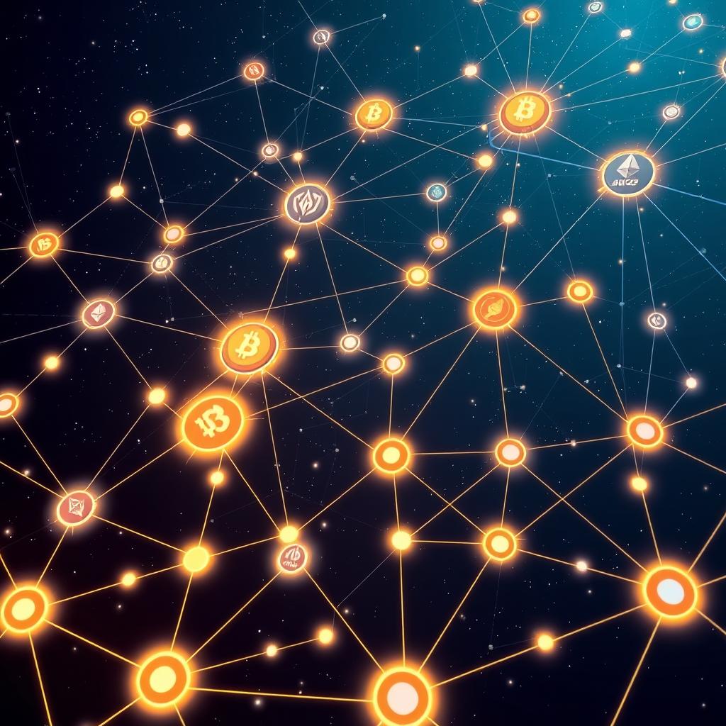 An intricate digital illustration showcasing various blockchain networks interconnected in a vast virtual space