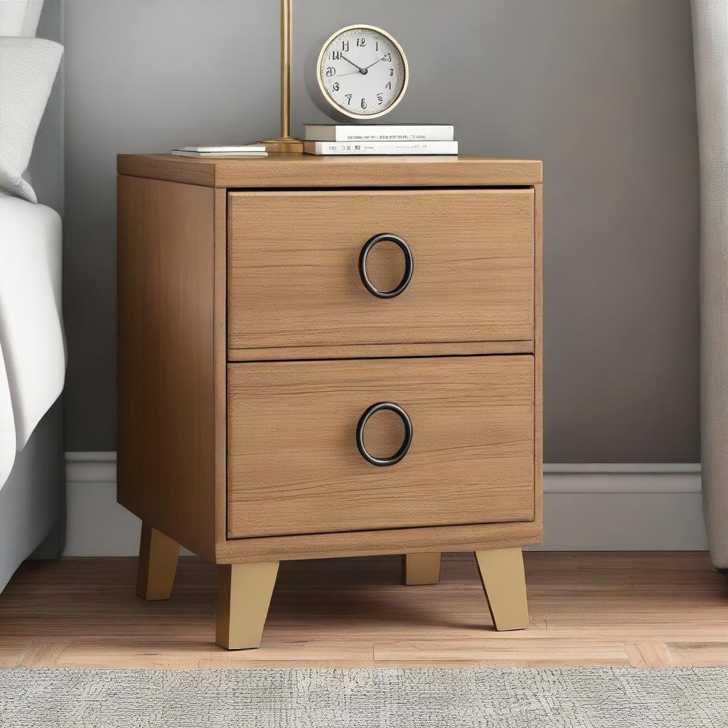 Generate a detailed image of a chic, sturdy nightstand with a glossy wooden finish and metallic handles, placed against a neutral background