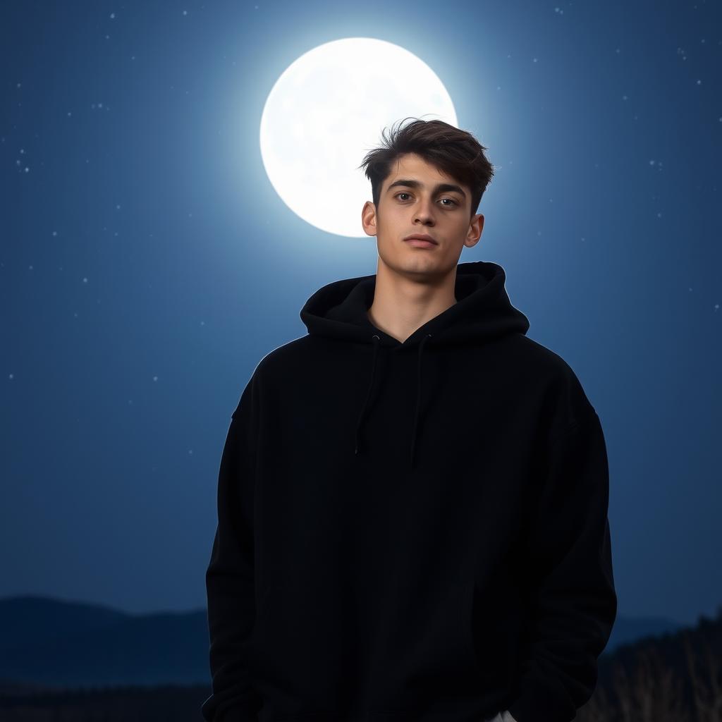 A stylish young man wearing a sleek black hoodie standing confidently under a luminous full moon