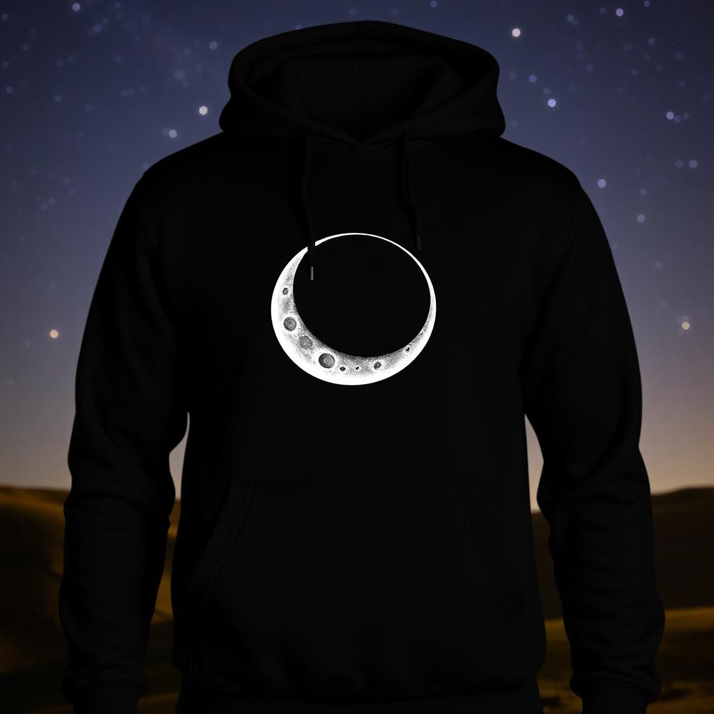 A sleek black hoodie featuring a prominent half moon graphic on the front, designed with intricate details that highlight its crescent shape