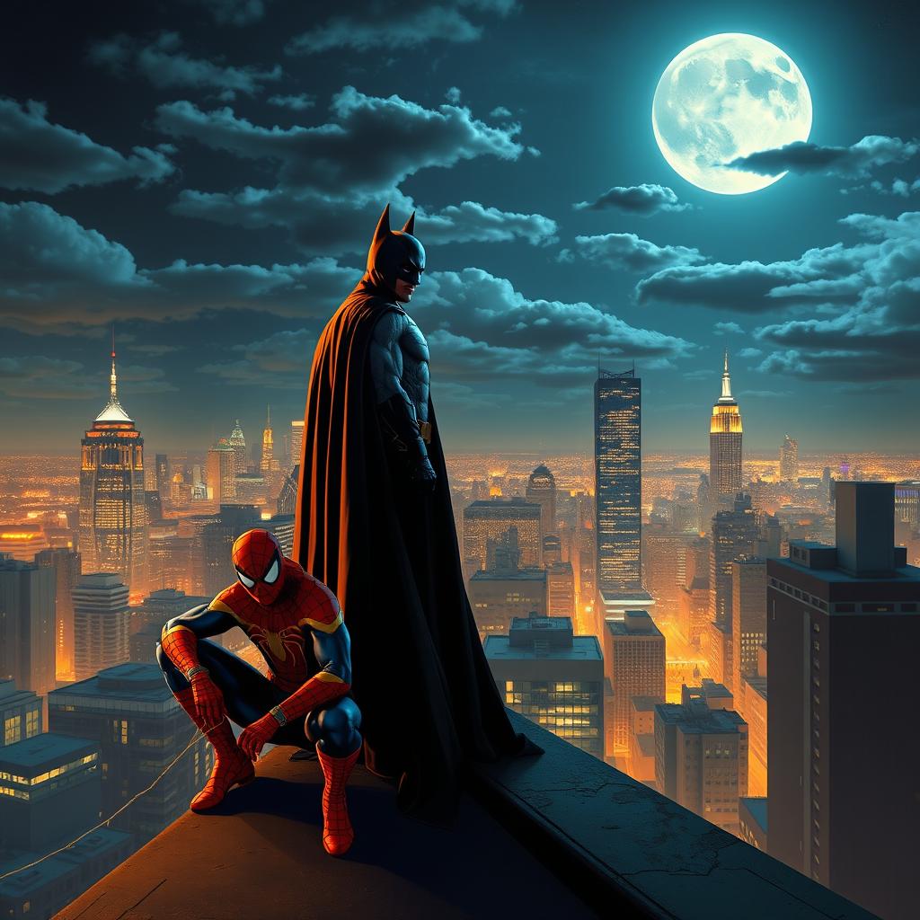 Batman and Spiderman perched on a rooftop at night, overlooking a vibrant city skyline illuminated by glowing lights