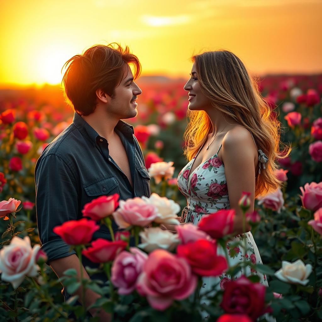 A beautiful man and a woman standing in a vibrant field of blooming roses, gazing at each other with soft, romantic expressions