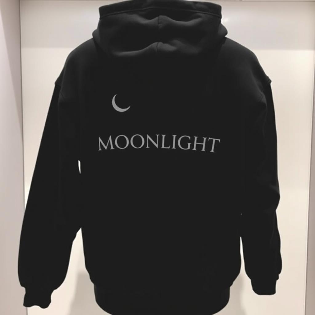 A stylish black sweatshirt featuring a small, artistic half moon logo elegantly placed on the front top left