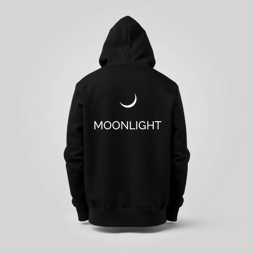 A stylish black sweatshirt featuring a small, minimalist half moon logo elegantly placed on the front top left