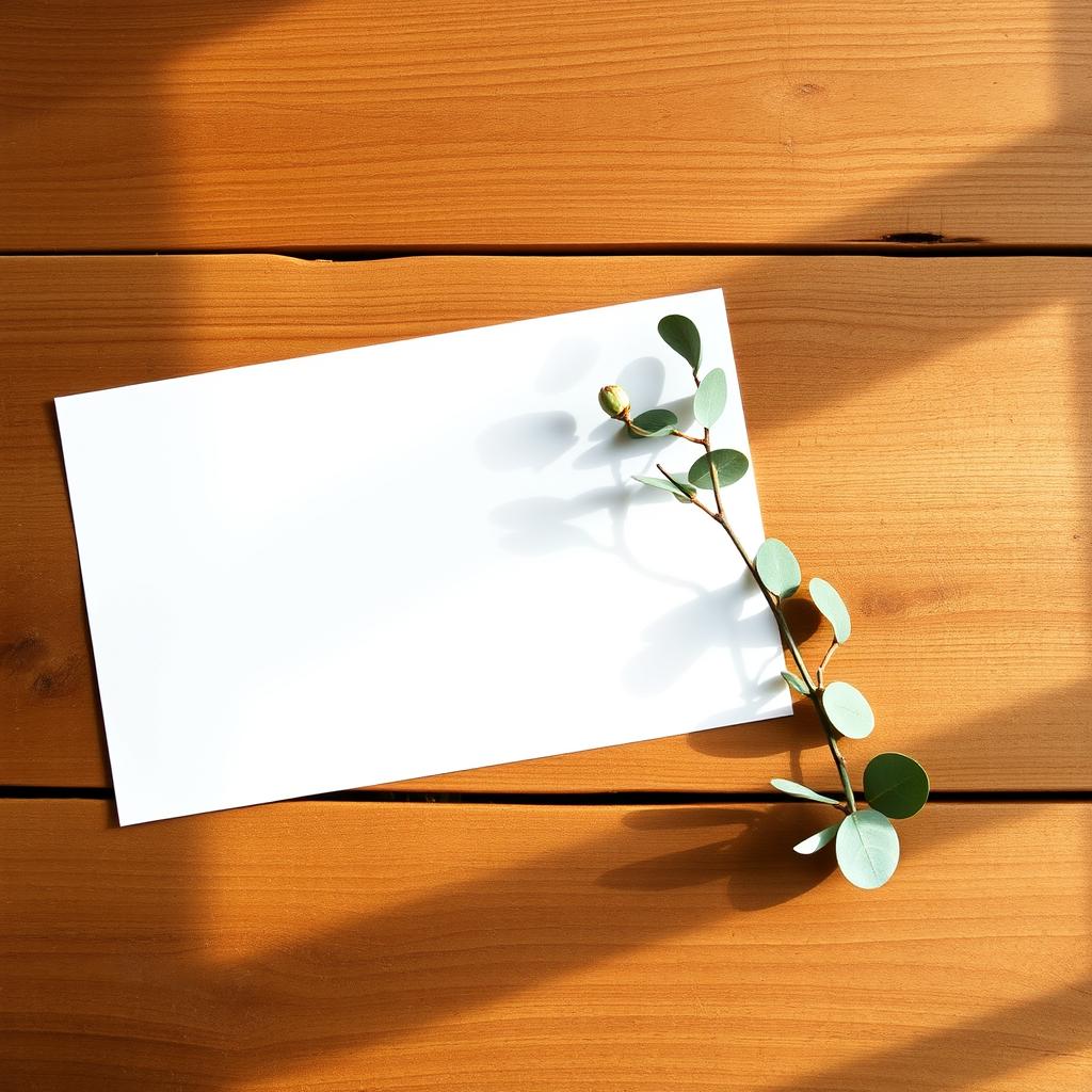 A rustic wooden table top featuring a piece of blank white paper gently placed on it, accompanied by a delicate sprig of eucalyptus leaning next to the paper