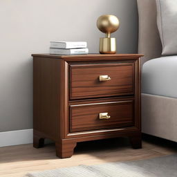 Generate a detailed image of a chic, sturdy nightstand with a glossy wooden finish and metallic handles, placed against a neutral background