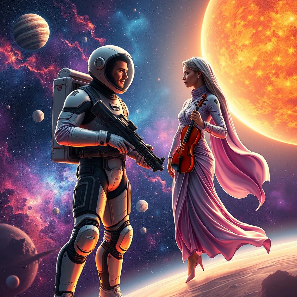 A vast and colorful outer space scene featuring a futuristic space man in a sleek, high-tech spacesuit confidently holding a gun, and a space woman with an elegant, flowing spacesuit gracefully holding a violin