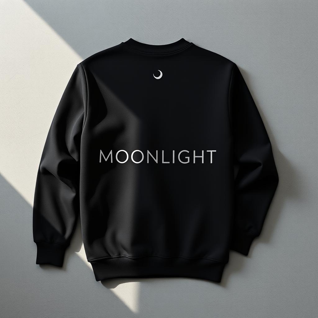A sleek black sweatshirt featuring a small, elegant half moon logo neatly placed on the front top left