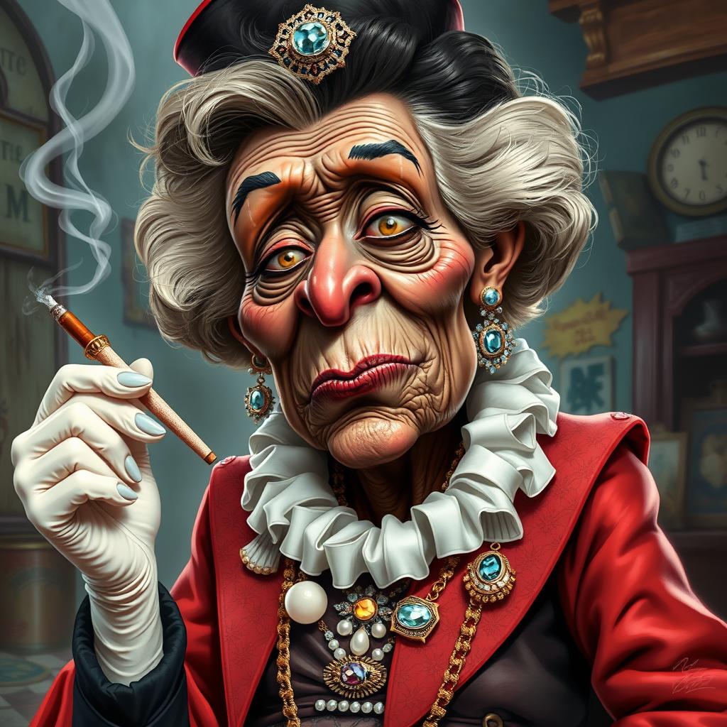 A caricature of an elderly Black woman portraying exaggerated features, looking very distressed and disheveled, showcasing signs of drug and alcohol addiction