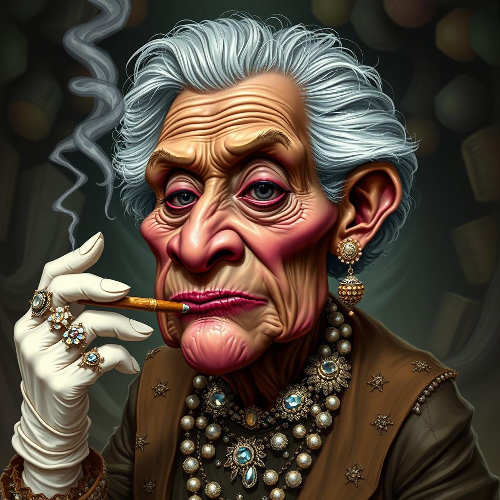 A caricature of an elderly Black woman, exaggerated features showcasing her age and thinned body