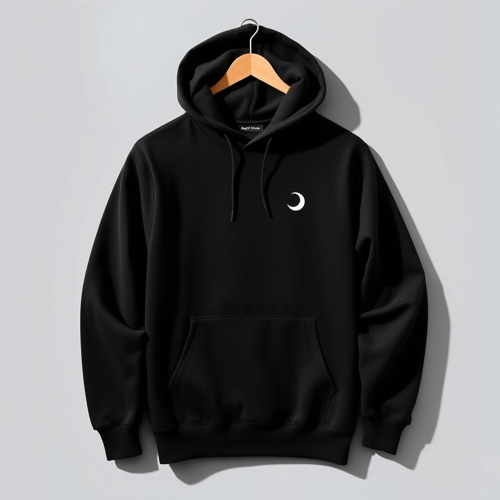 A trendy black hoodie featuring a small, clean white half moon logo situated on the top left front