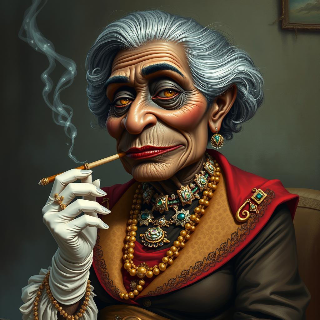 A caricatured depiction of a very Black, elderly woman with exaggerated features, showcasing a blend of poor and wealthy attributes