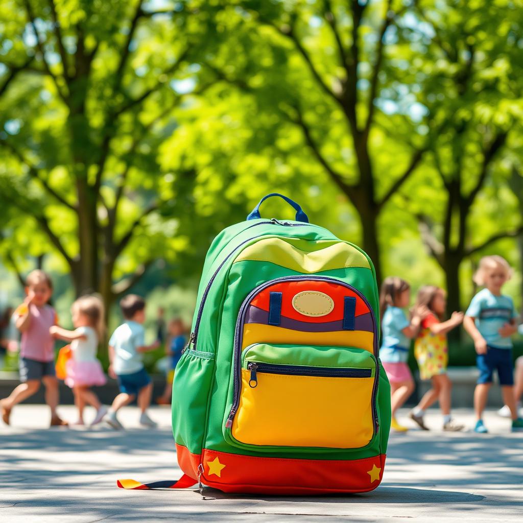 A vibrant backpack with a creative design, positioned prominently in the foreground of an engaging outdoor scene