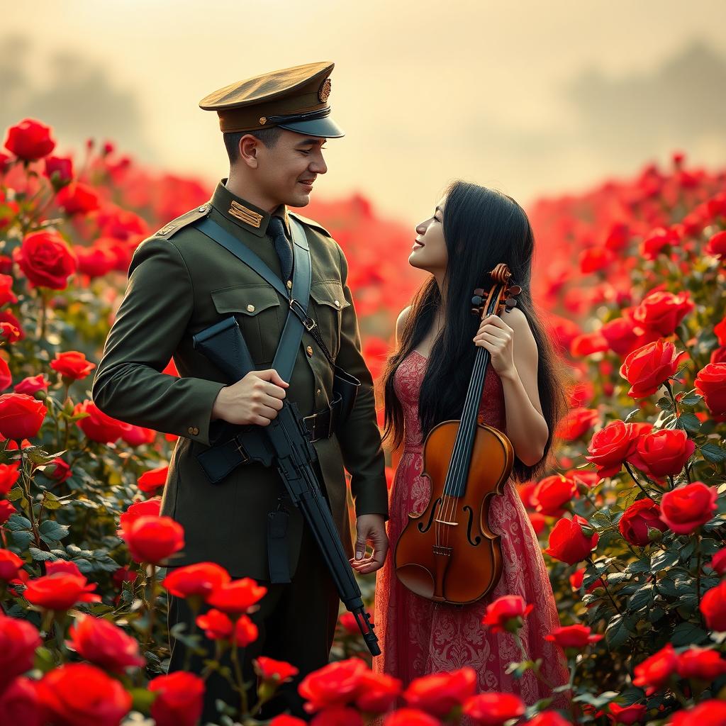 A soldier in military attire holding a gun stands beside a lady with long black hair elegantly holding a violin