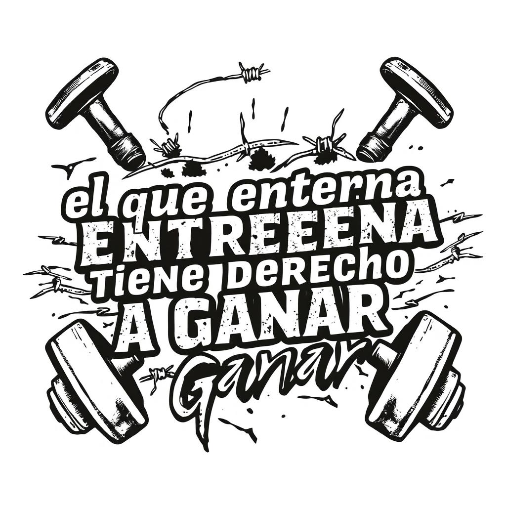 A rugged tattoo design featuring the phrase "el que entrena tiene derecho a ganar" prominently displayed in a bold, aggressive typography