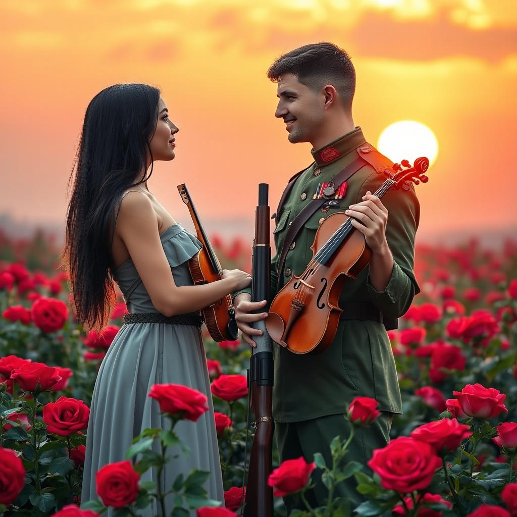 A soldier in military uniform holding a rifle, standing confidently in the middle of a vibrant field of red roses