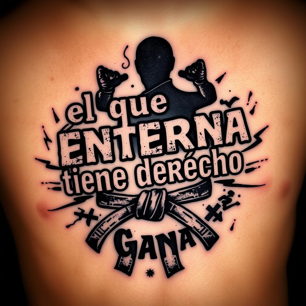 A rugged tattoo design featuring the phrase "el que entrena tiene derecho a ganar" in bold, filled letters