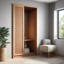 Create an image of a cozy bedroom featuring a laminate wardrobe with a rattan webbed door, a chamfered nightstand placed at the corner, and a stylish bar stool. The room should be atmospherically lit.