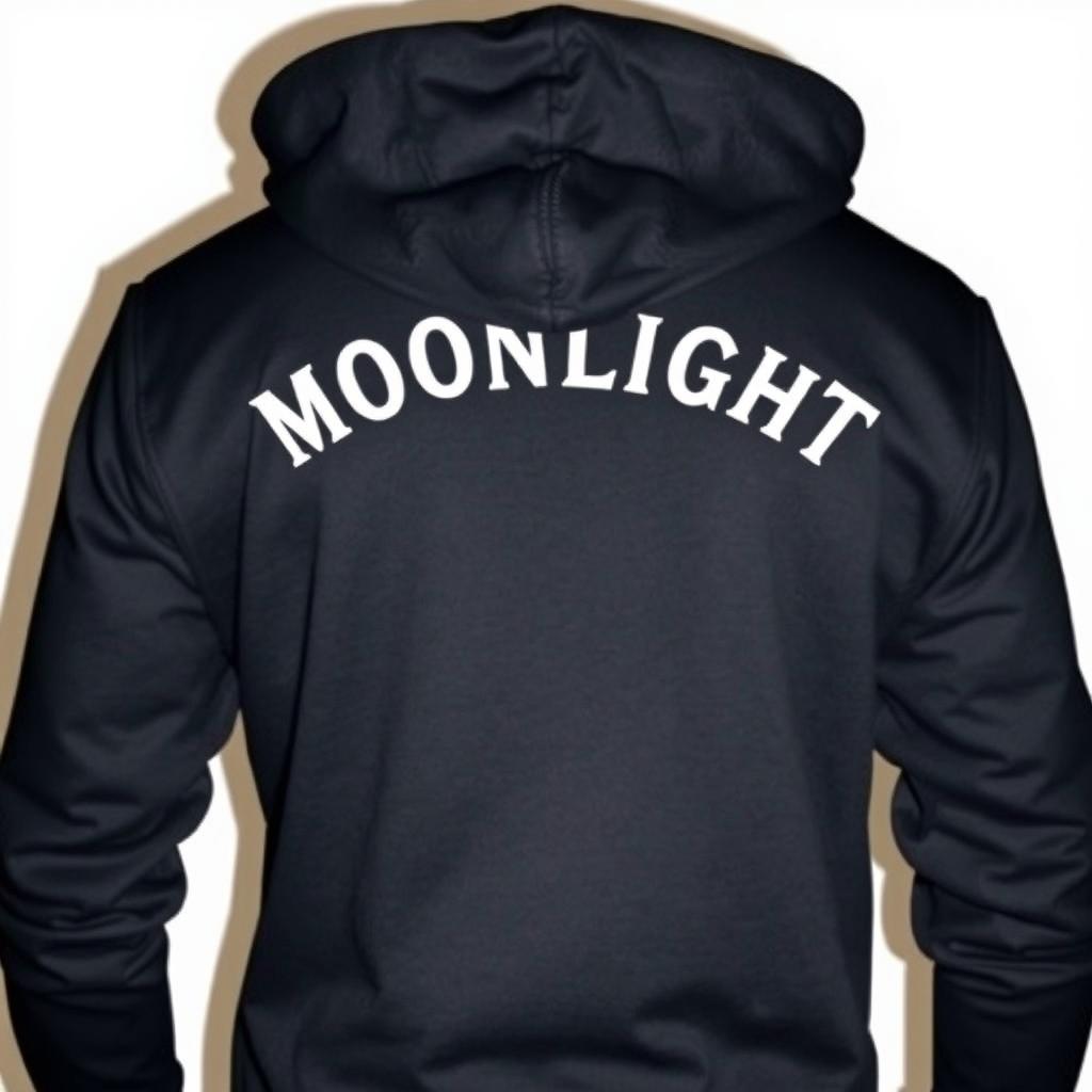A stylish black hoodie featuring the word 'MOONLIGHT' emblazoned across the top of the back, stretching from shoulder to shoulder