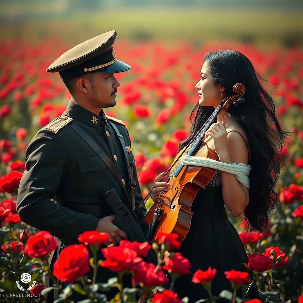 A soldier in military uniform holding a gun stands in a field of vibrant red roses, gazing intently at a lady with long, flowing black hair