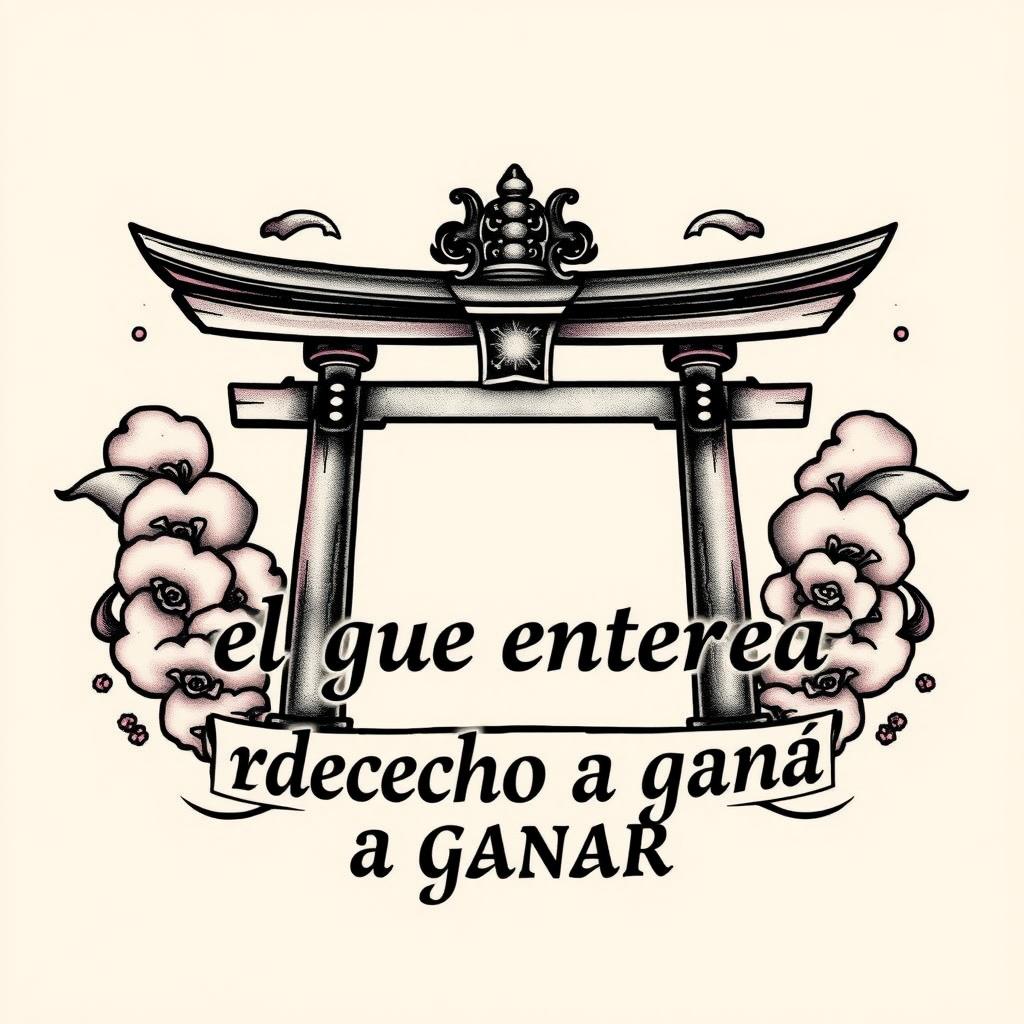 A rugged tattoo design featuring the phrase "el que entrena tiene derecho a ganar" positioned elegantly beneath a traditional Japanese torii gate (Shinto shrine gate)