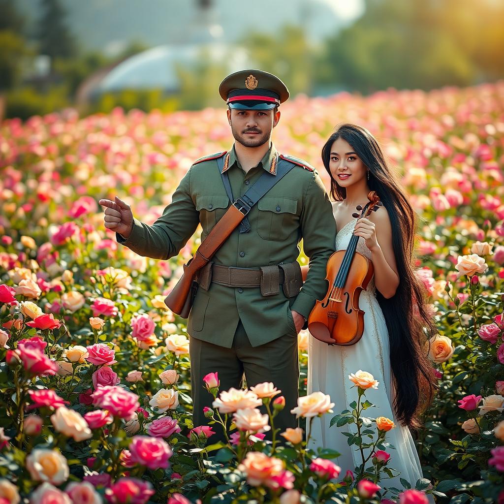 A strong soldier in a military uniform holding a rifle, standing majestically in the middle of a vibrant rose field