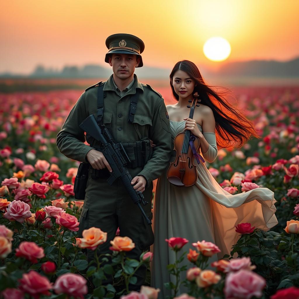 A soldier in military uniform, holding a gun, standing confidently in a vibrant field of roses