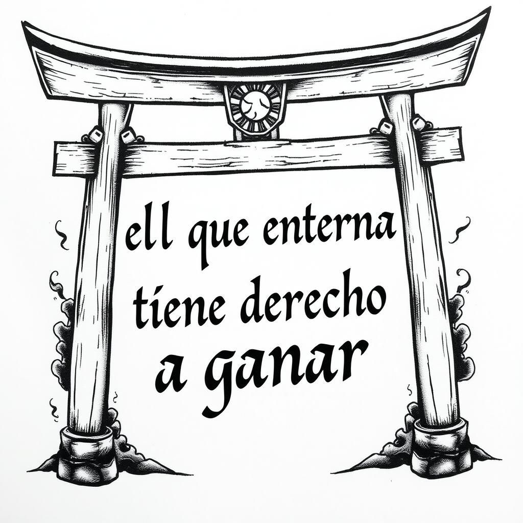 A rugged tattoo design featuring the phrase "el que entrena tiene derecho a ganar" completely enclosed within a traditional Japanese torii gate (Shinto shrine gate)