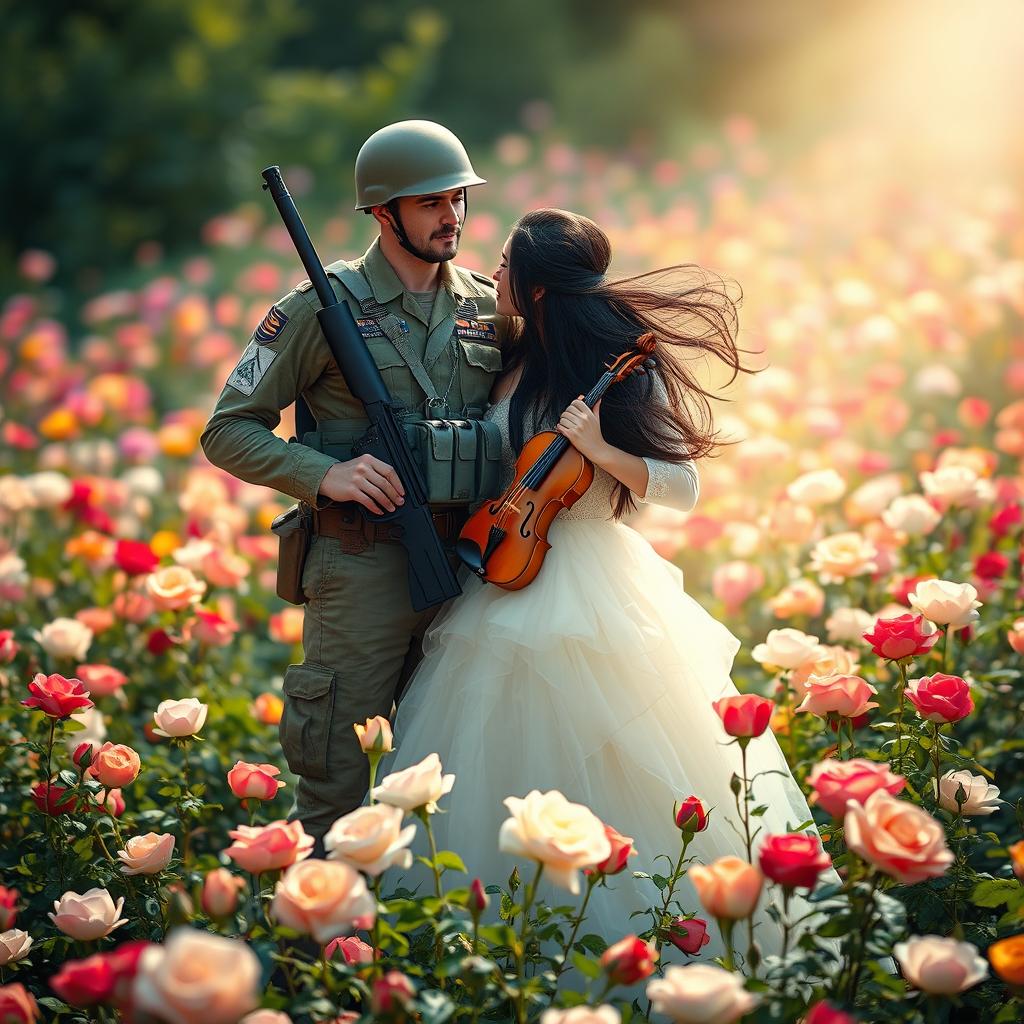 A soldier in full military gear, standing confidently with a rifle slung over his shoulder, looking protectively at a lady beside him