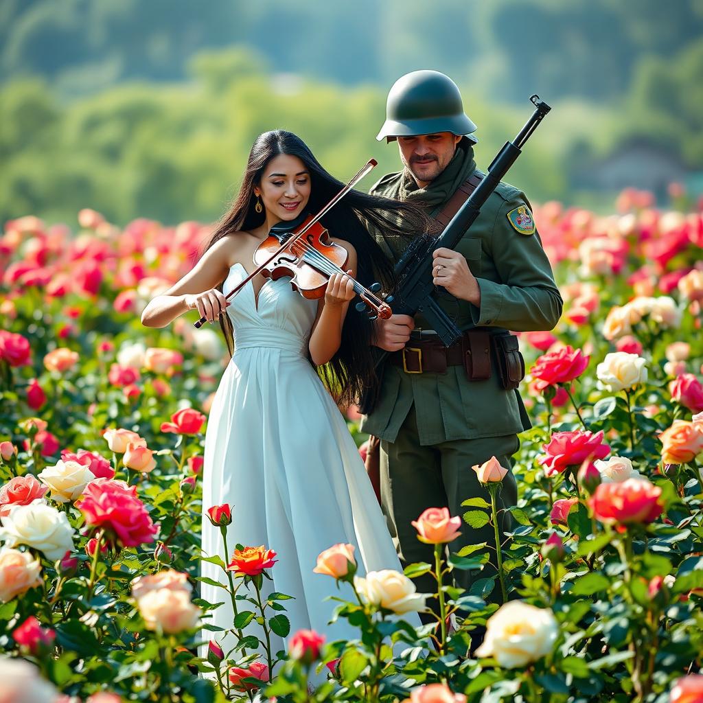 A soldier holding a gun stands protectively beside a lady with long, flowing black hair, who is elegantly playing a violin