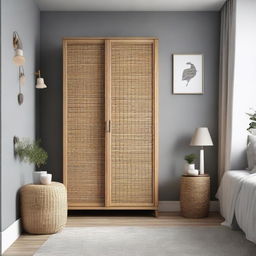 Create an image of a cozy bedroom featuring a laminate wardrobe with a rattan webbed door, a chamfered nightstand placed at the corner, and a stylish bar stool. The room should be atmospherically lit.