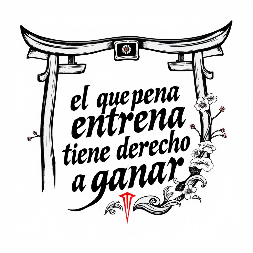 A bold tattoo design featuring the phrase "el que entrena tiene derecho a ganar" elegantly integrated within a traditional Japanese arch