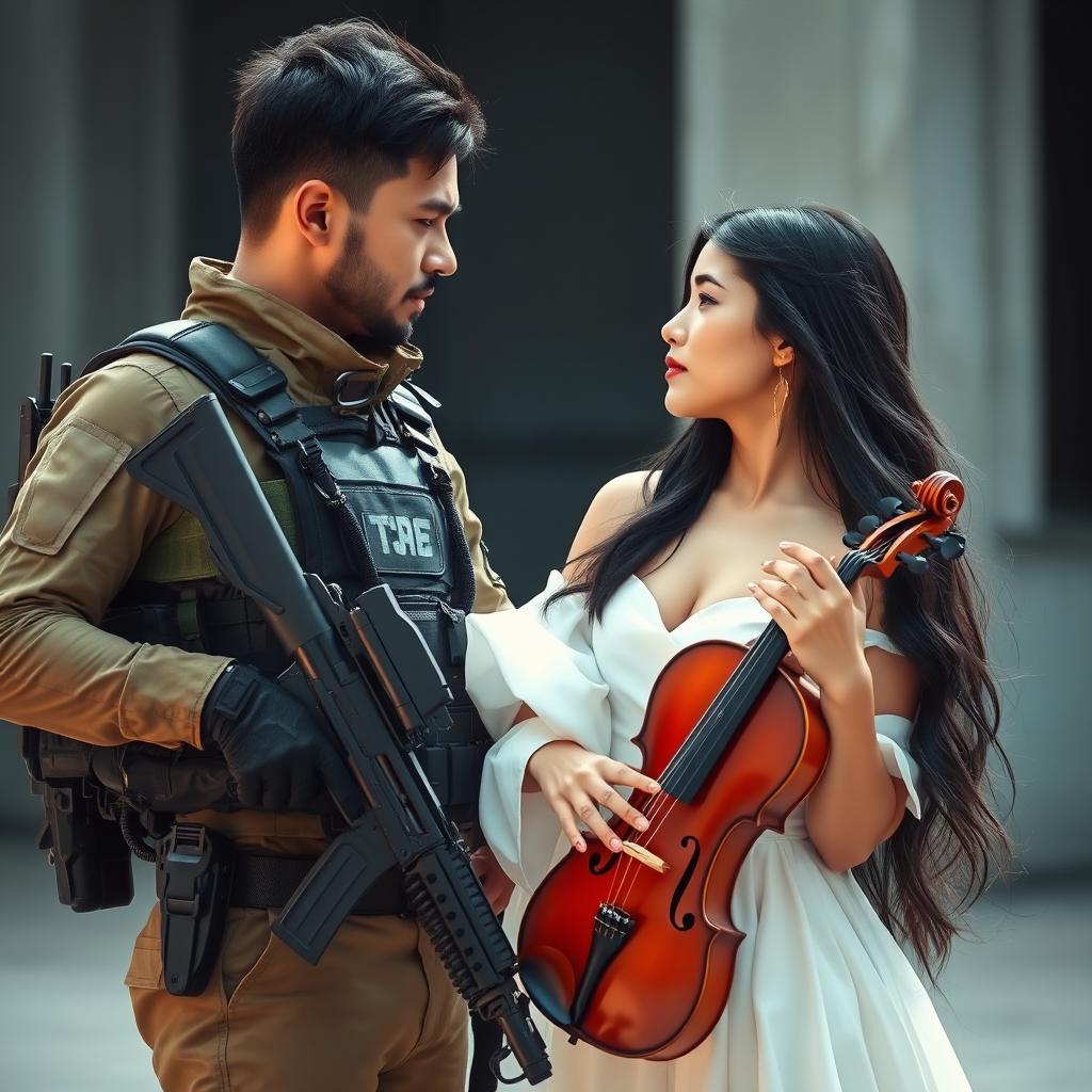A tense yet poetic moment between a special forces soldier and a lady with long black hair