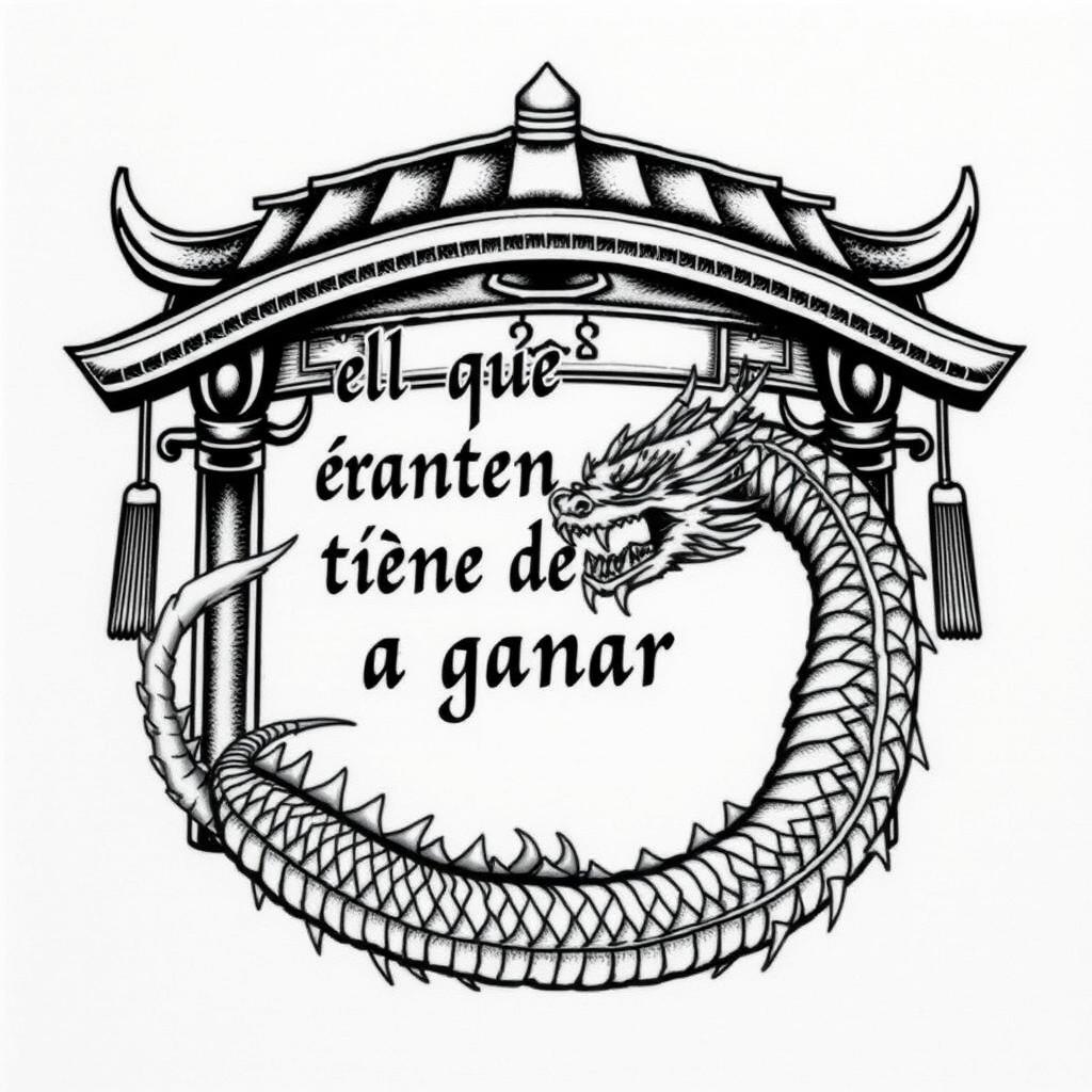 A fierce tattoo design featuring the phrase "el que entrena tiene derecho a ganar" fully contained within a traditional Japanese arch