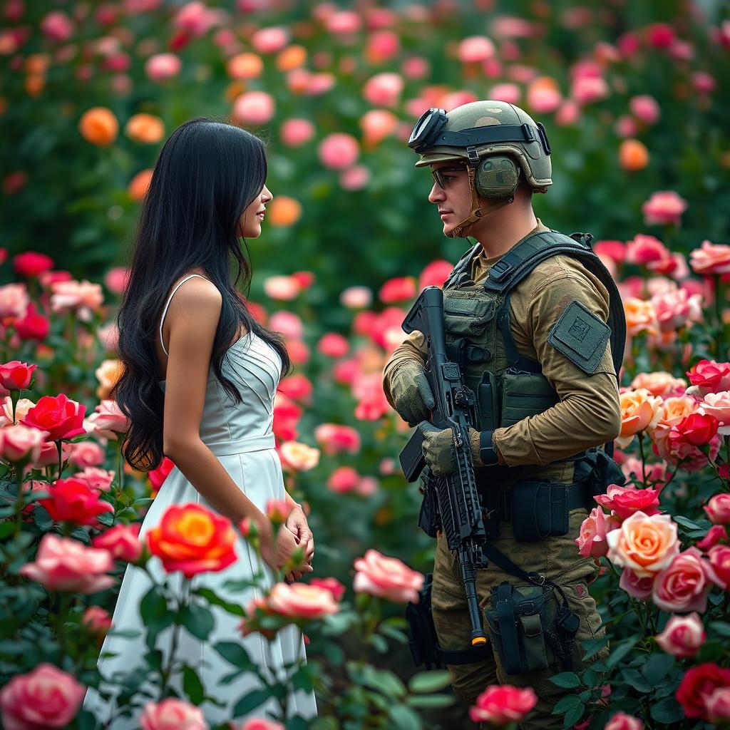 A special forces soldier in tactical gear holding a gun, standing in a vibrant field of roses, gazing at a lady with long black hair wearing an elegant white dress