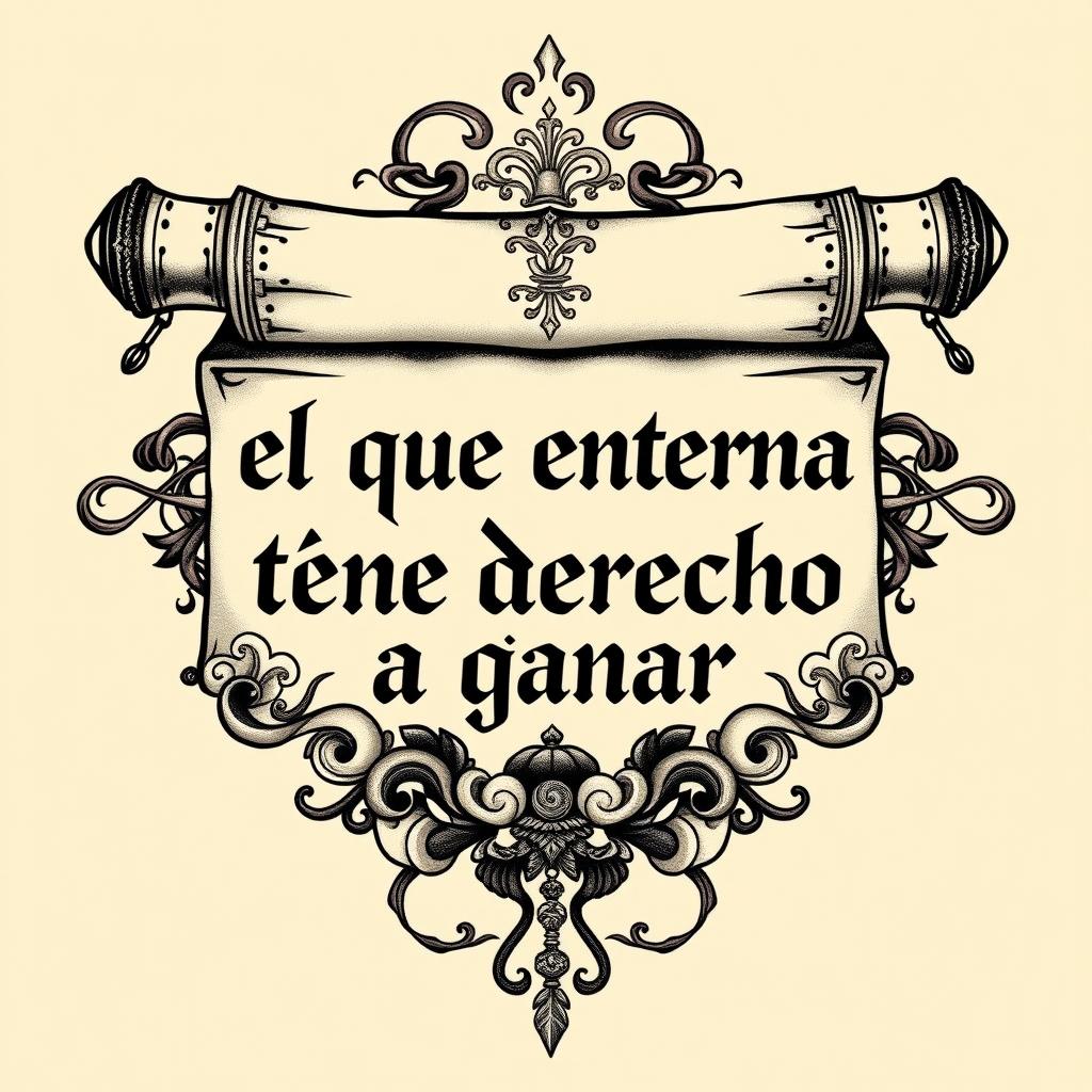 A bold tattoo design featuring the phrase "el que entrena tiene derecho a ganar" artistically integrated within a traditional Japanese messenger scroll