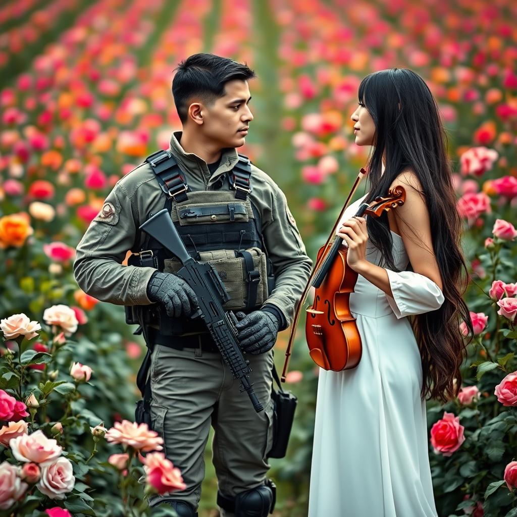 A special forces soldier dressed in tactical gear, confidently holding a firearm, standing in a picturesque field filled with vibrant roses