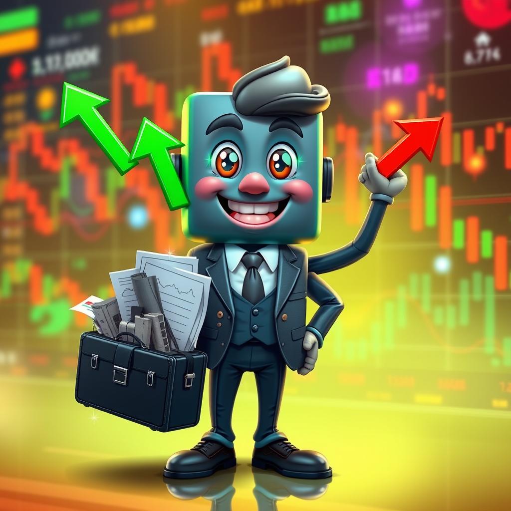 A vibrant 2D character personifying the stock market, designed as a chart formation