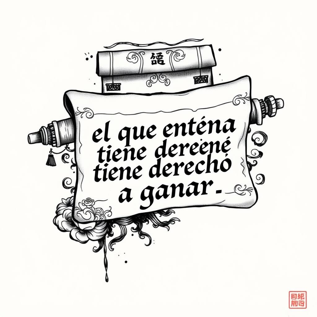 A rugged tattoo design incorporating the phrase "el que entrena tiene derecho a ganar" beautifully placed inside a traditional Chinese messenger scroll
