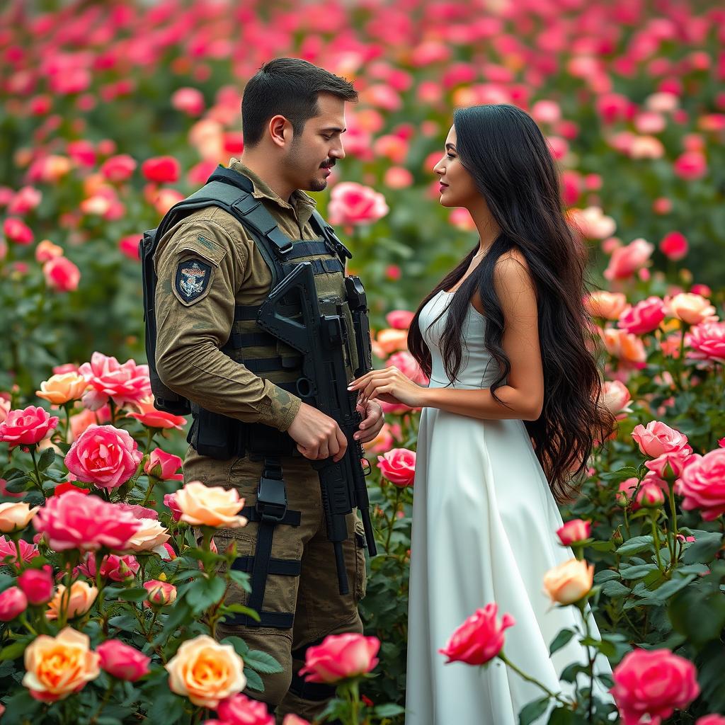 A special forces soldier with a tactical outfit holding a gun stands in a vibrant field of blooming roses, locked in a gaze with a lady who has long, flowing black hair