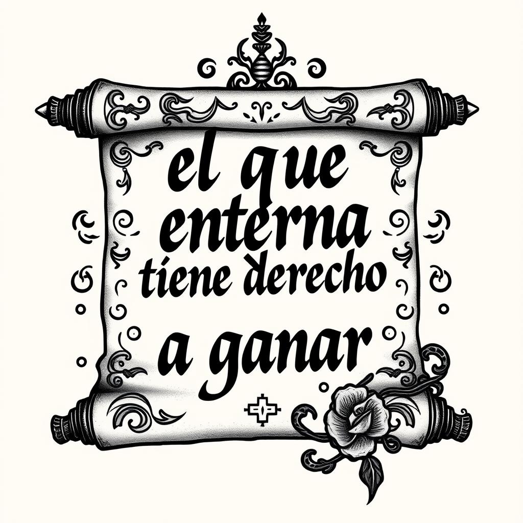 A rugged tattoo design showcasing the phrase "el que entrena tiene derecho a ganar" creatively placed inside an Asian-inspired messenger scroll