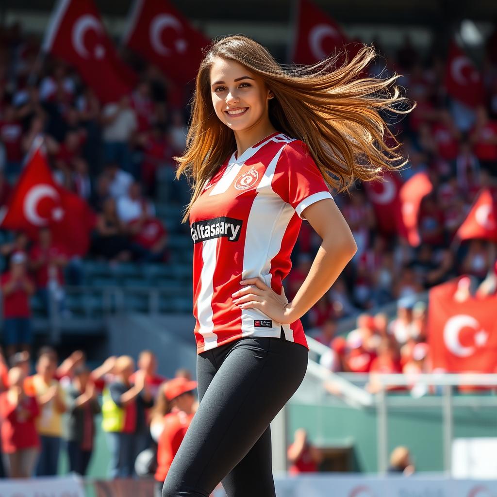 A beautiful young woman proudly wearing Galatasaray sports attire, featuring a jersey and stylish black tights