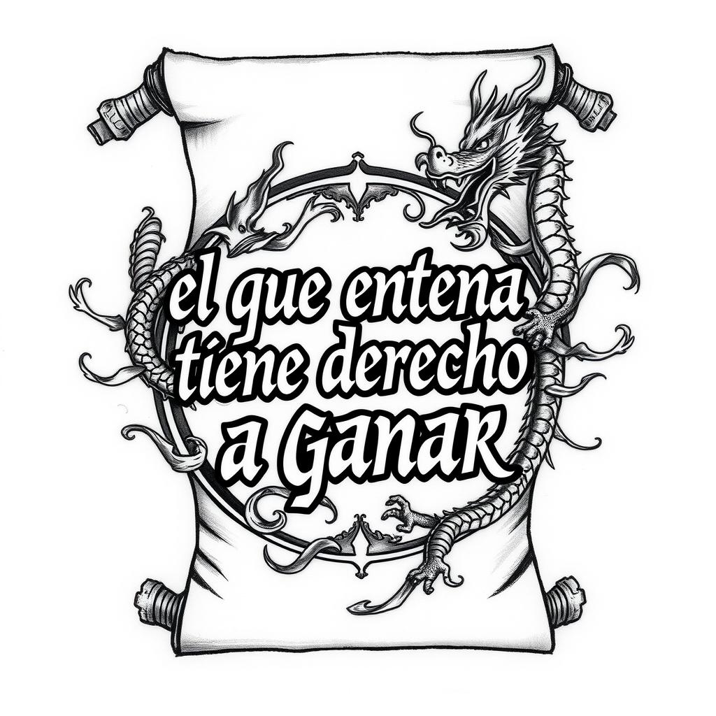A fierce tattoo design featuring the phrase "el que entrena tiene derecho a ganar" intricately placed within a dragon scroll inspired by the style seen in the movie Kung Fu Panda