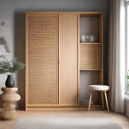 Create an image of a cozy bedroom featuring a laminate wardrobe with a rattan webbed door, a chamfered nightstand placed at the corner, and a stylish bar stool. The room should be atmospherically lit.