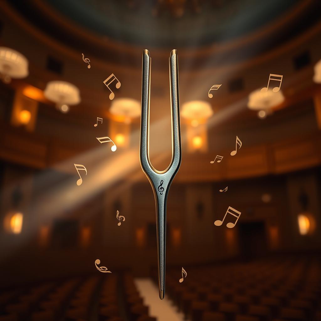 An elegant musical tuning fork surrounded by soft glowing light, with subtle notes of music visually represented around it