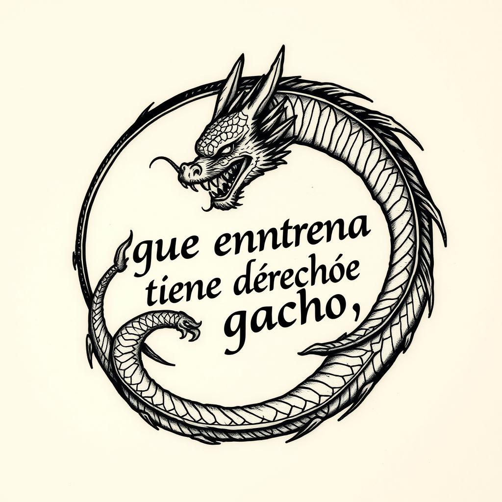 A rugged tattoo design featuring the phrase "el que entrena tiene derecho a ganar" artistically enclosed within a circle formed by a fierce dragon