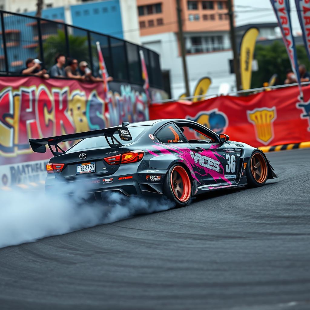 A dynamic scene showcasing an impressive gymkhana style drift tuning car executing a perfectly controlled drift on a twisty tarmac road