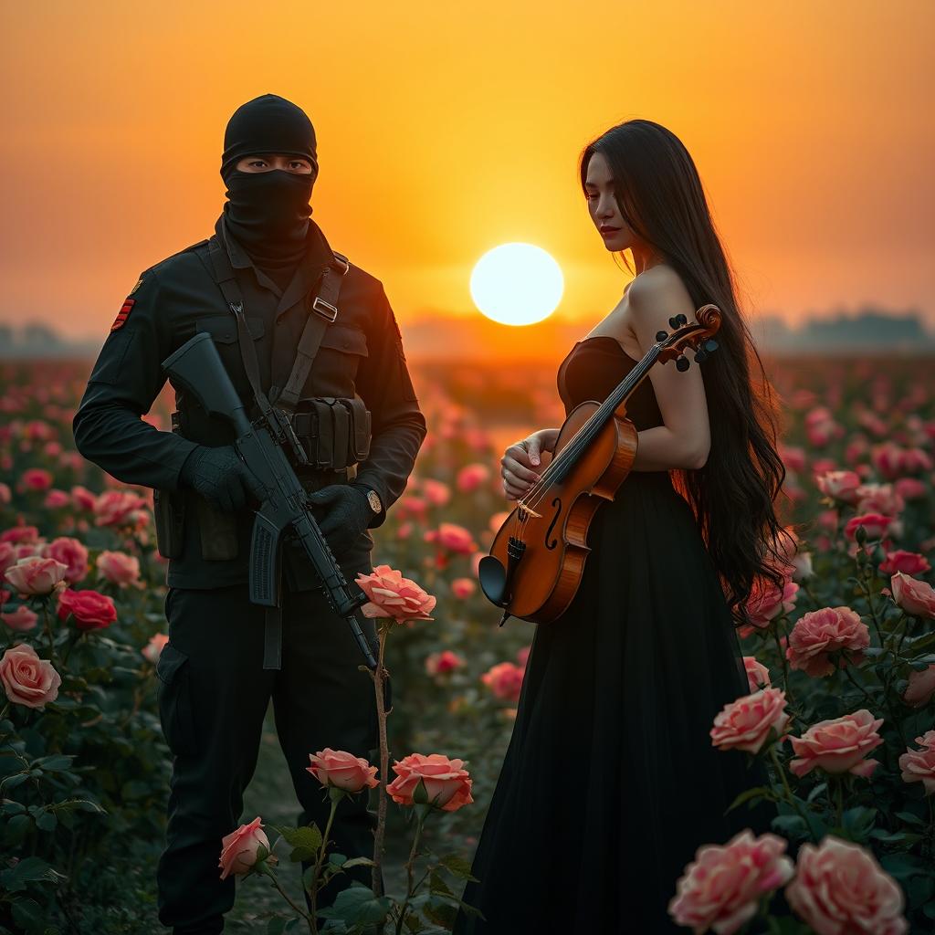 A face-covered soldier holding a rifle stands confidently beside a lady with long black hair, who is elegantly dressed in a flowing black dress